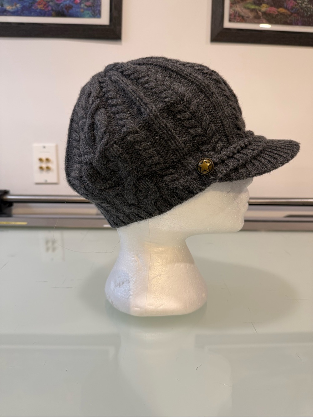 Lauren Ralph Lauren 100% Wool Cable Knit Visor Beanie Newsboy Cap Dark Grey - Picture 2 of 10